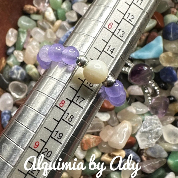 Purple jade beaded bohemian ring band white agate - Picture 3 of 3